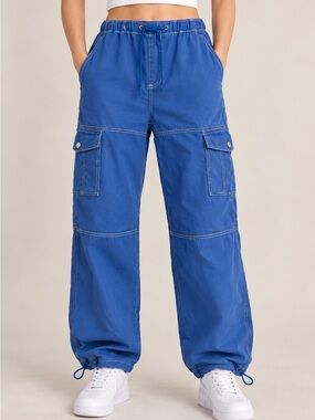 Garage Blue Cargo Pants Contrast Stitch Drawstring Y2K Size S